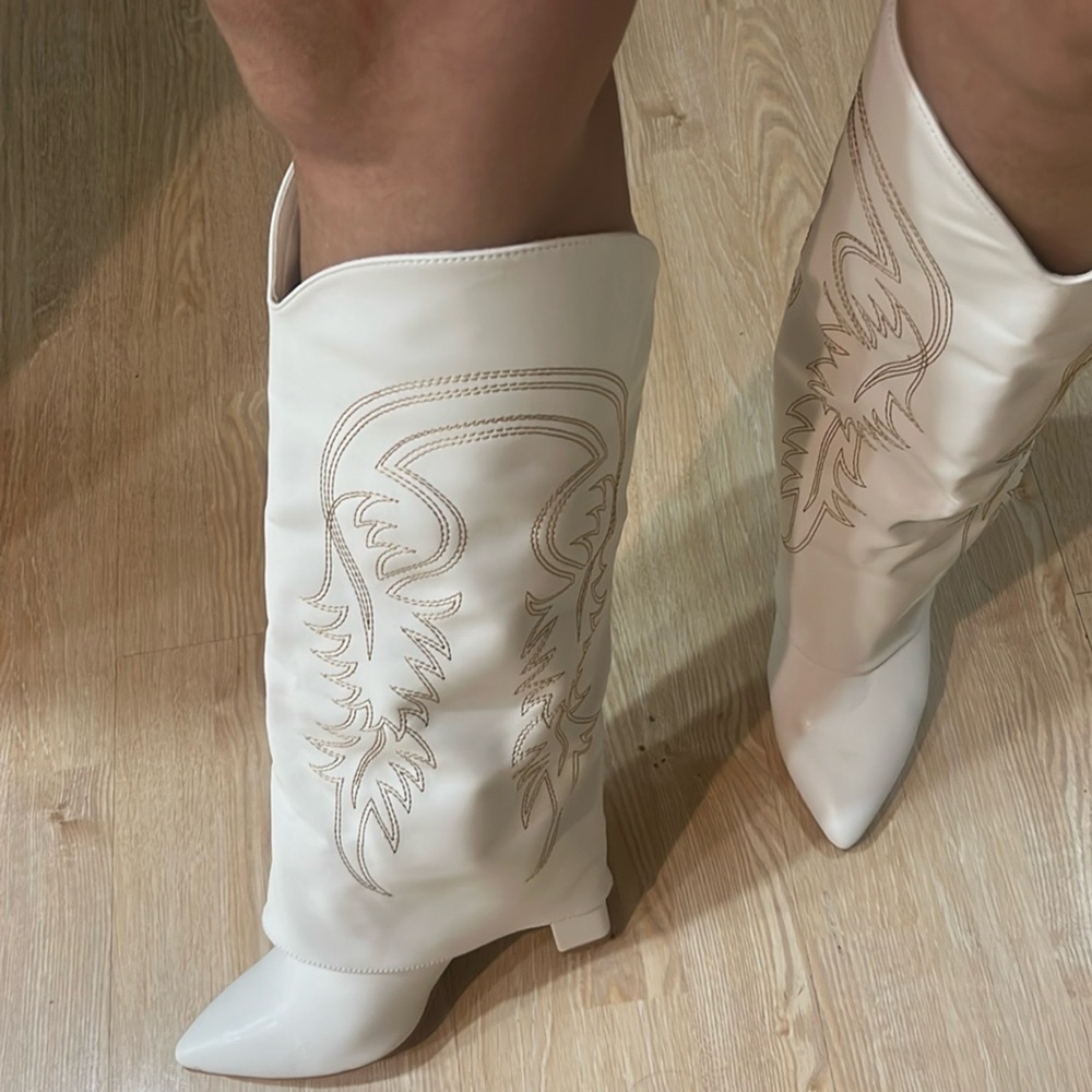 Not Rated White Heeled Boots with Embroidered Design